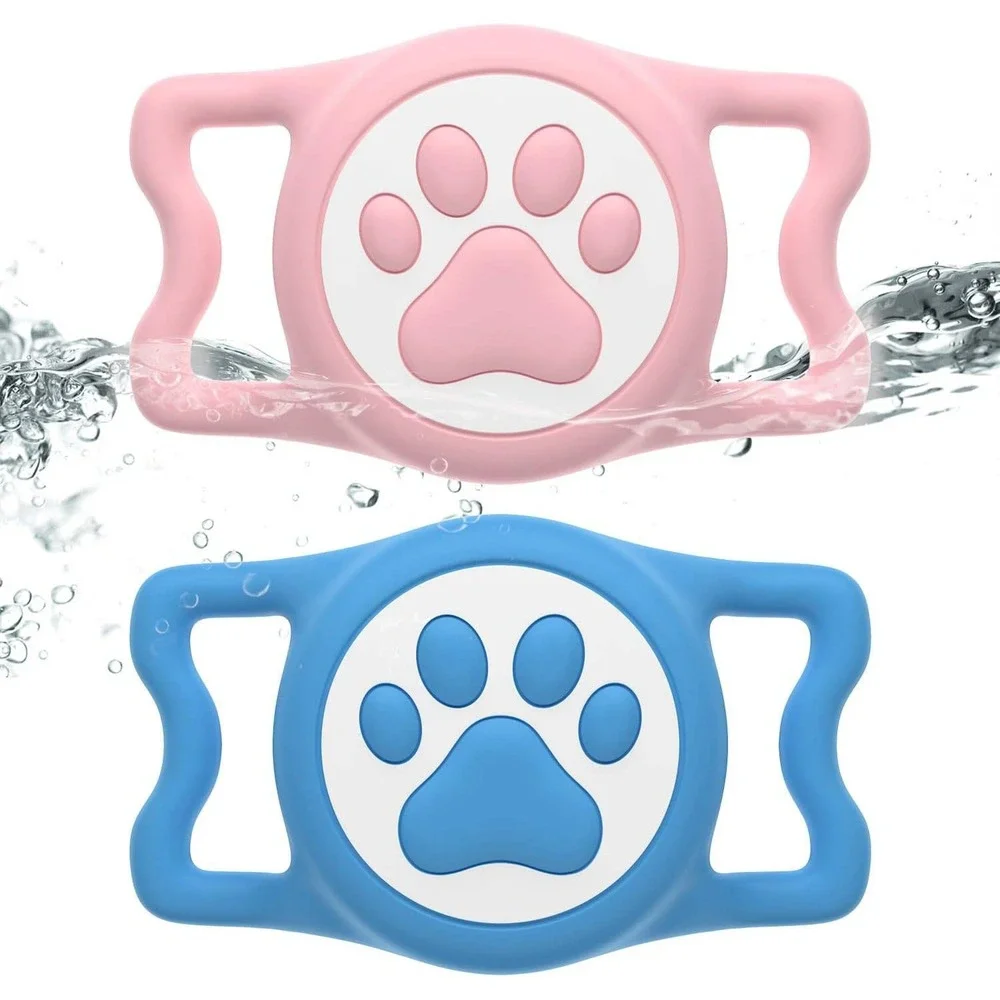 SmafurTag 2 Pack Silicone AirTag Holder for Dog Collar Waterproof Pink Blue Paw